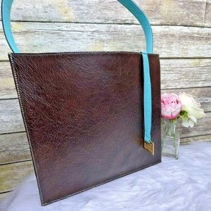 Soul Carrier Brown Turquoise Blue Genuine Leather Large Purse Shoulder Bag Tote